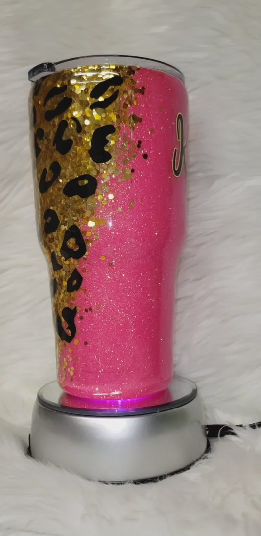 Custom Pink & Gold Cheetah Print Glitter Tumbler