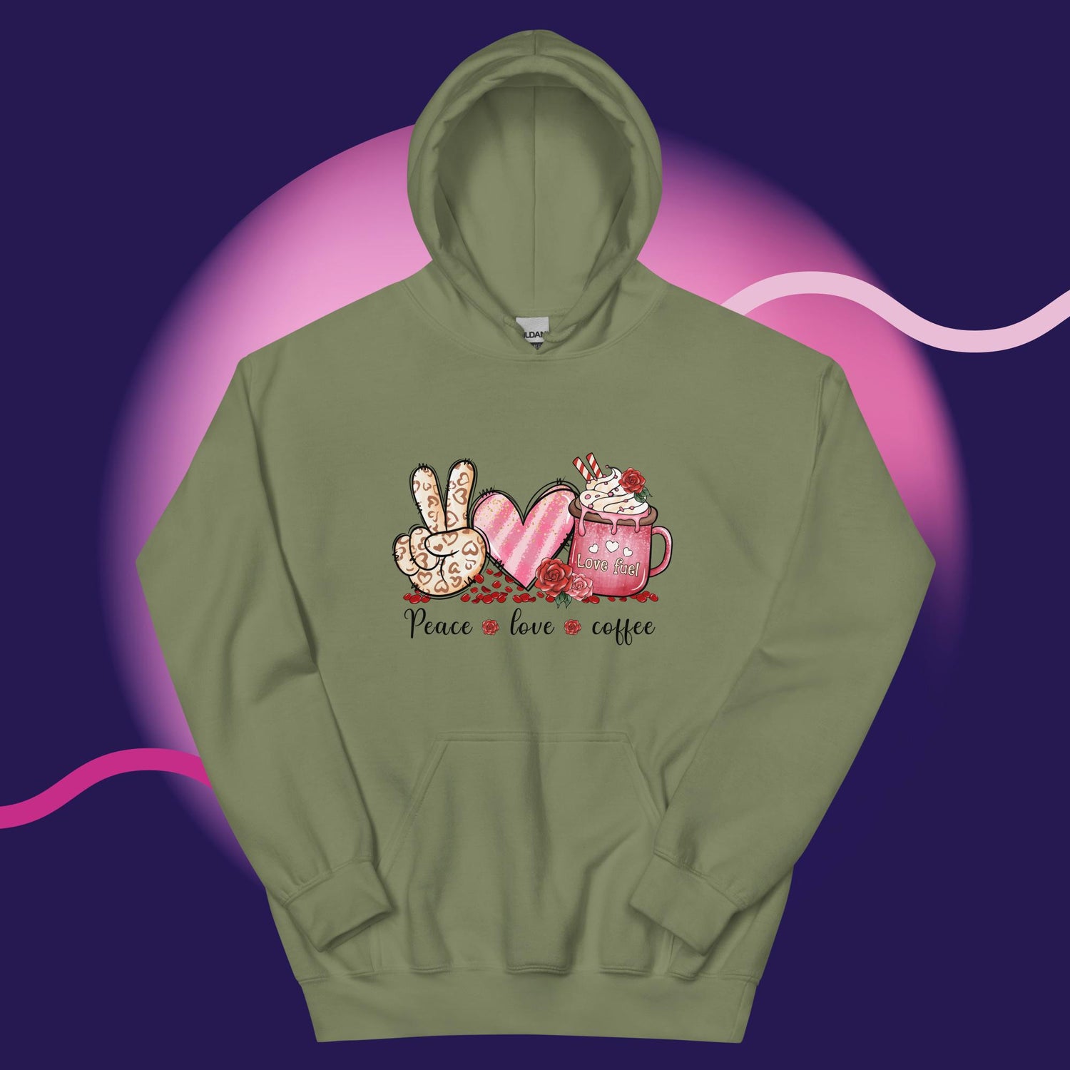 Sparkle-kiss-creations-peace-love-coffee-sweatshirt-sage