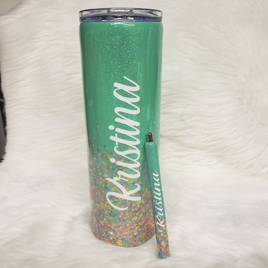 Sea foam Green Confetti Glitter Duo Tumbler & Pen Set-Customizable & Personalized