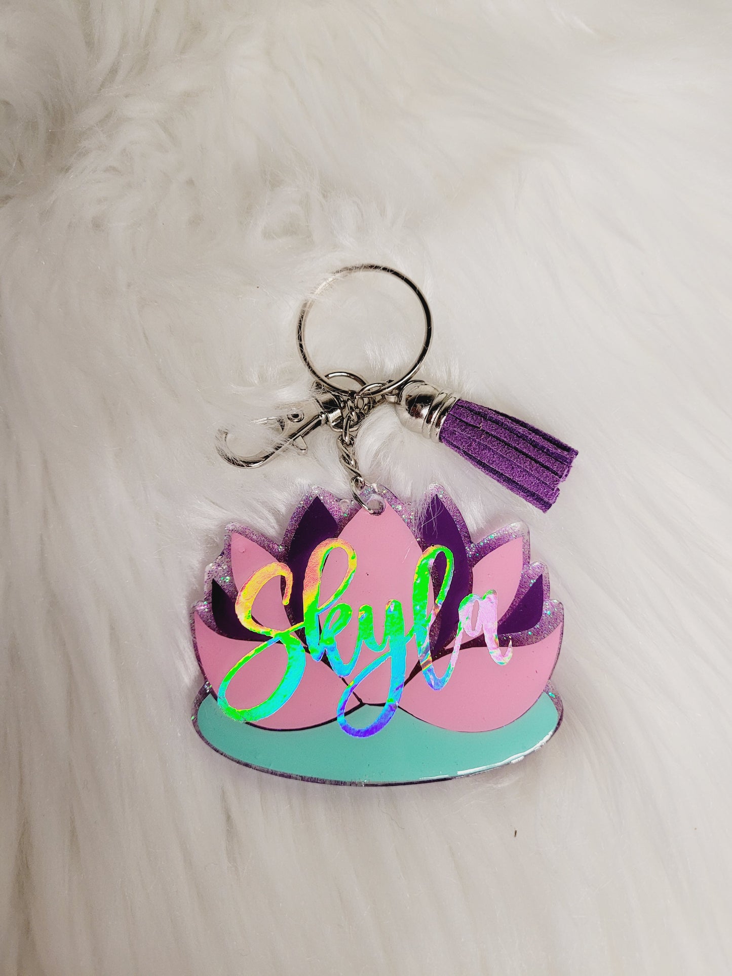 Lotus Flower Glitter Keychain-Customizable and Personalized