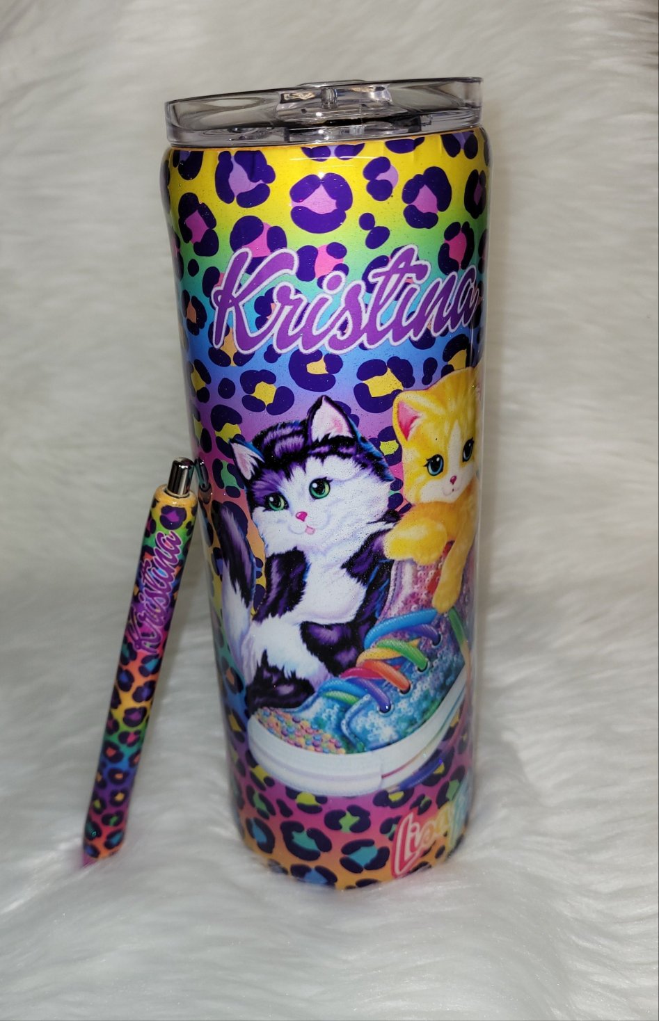80's style neon cup with kittens and a matching pen