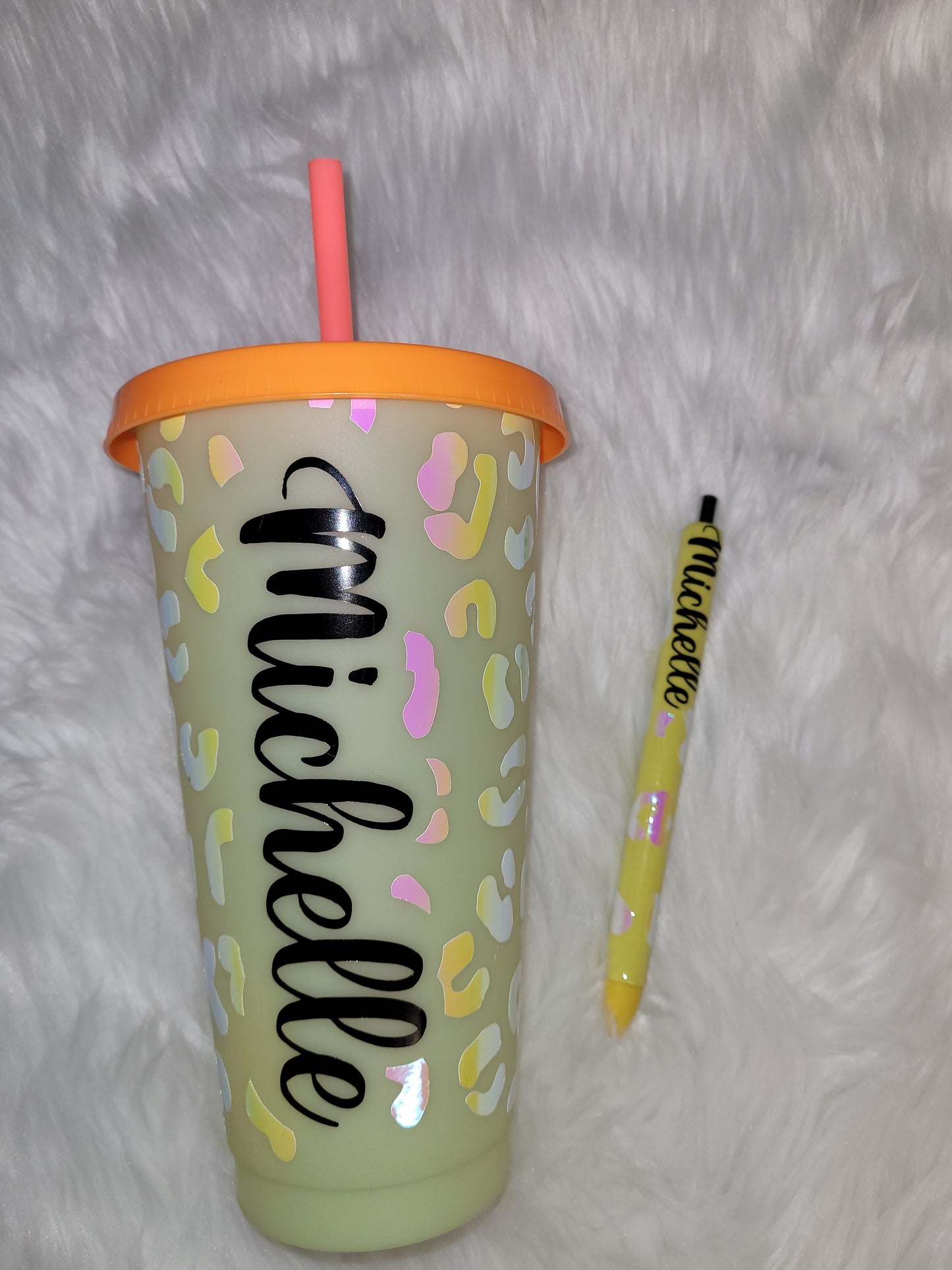 Yellow and Orange Cheetah Print Color Changing Cold Cup n' matching Pen