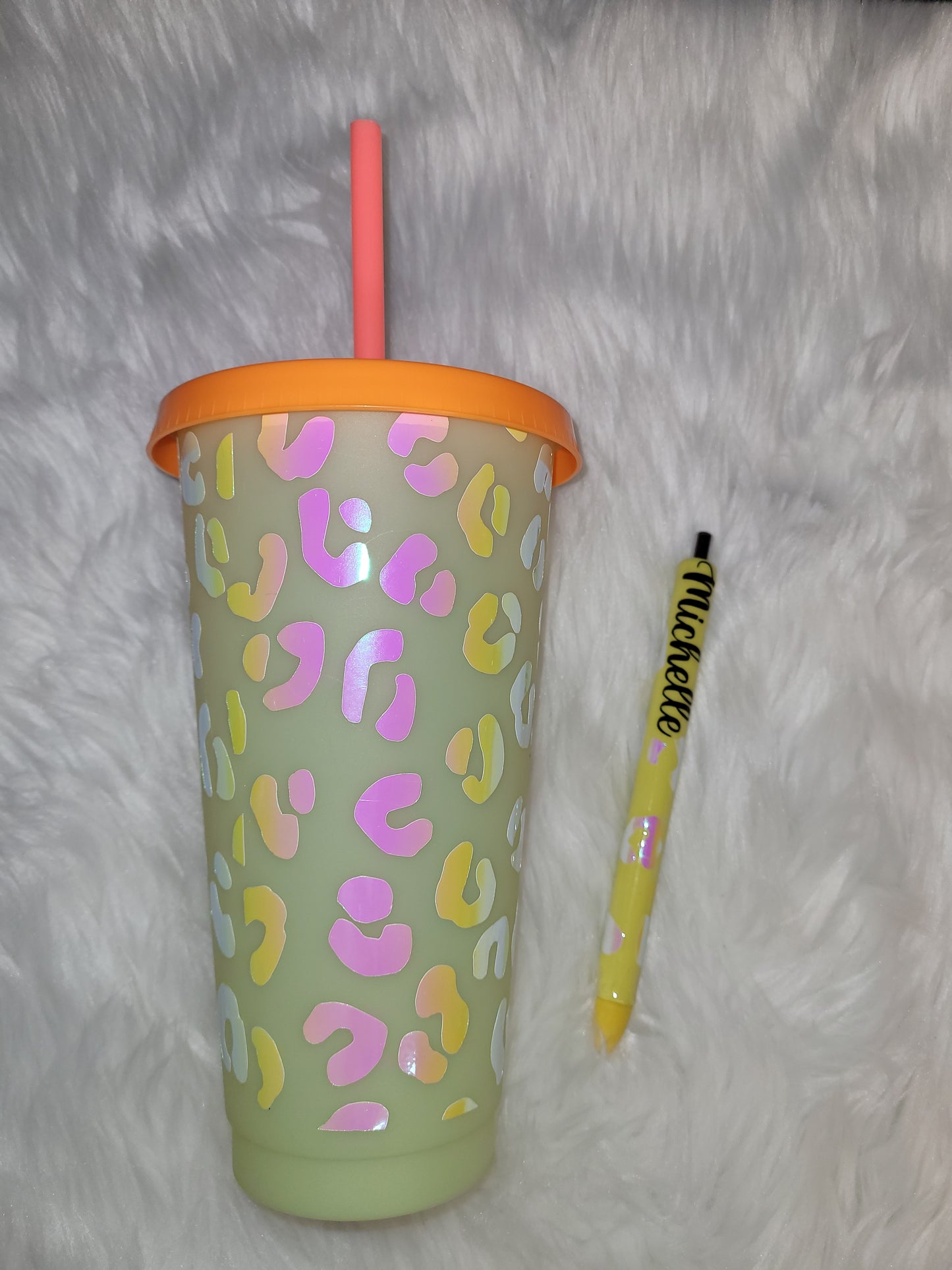 Yellow and Orange Cheetah Print Color Changing Cold Cup n' matching Pen